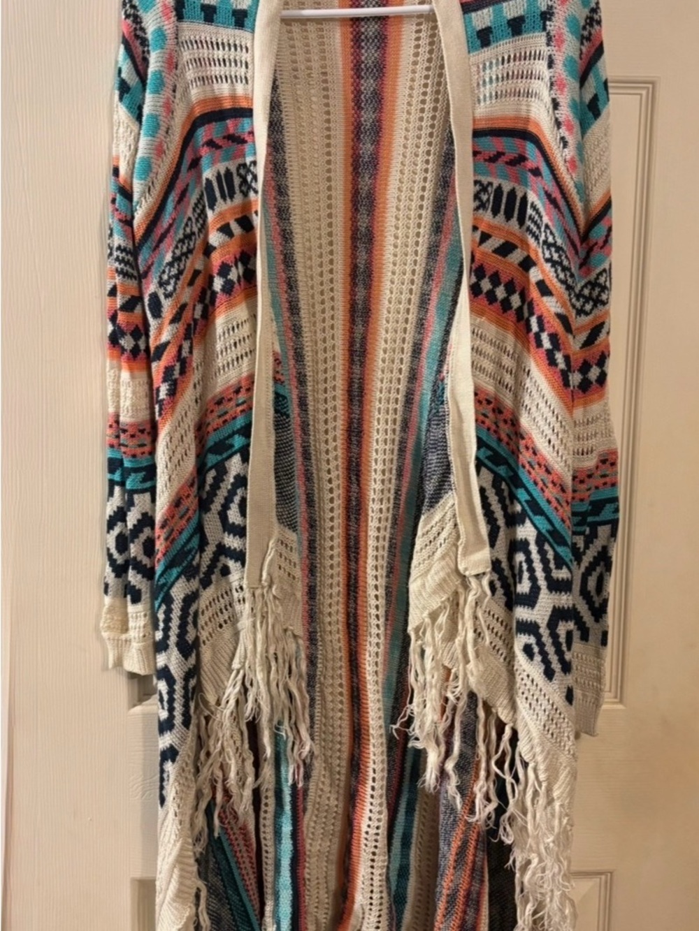 No Boundaries Women's Long Open-Knit Aztec Boho Fringe Cardigan Sweater M